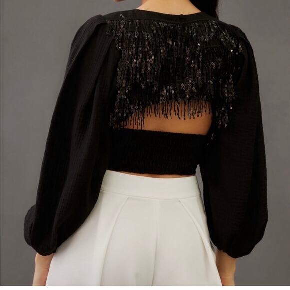 Current Air Anthropologie Black Sequin Back Cutout  Cropped Top Small - Picture 1 of 12